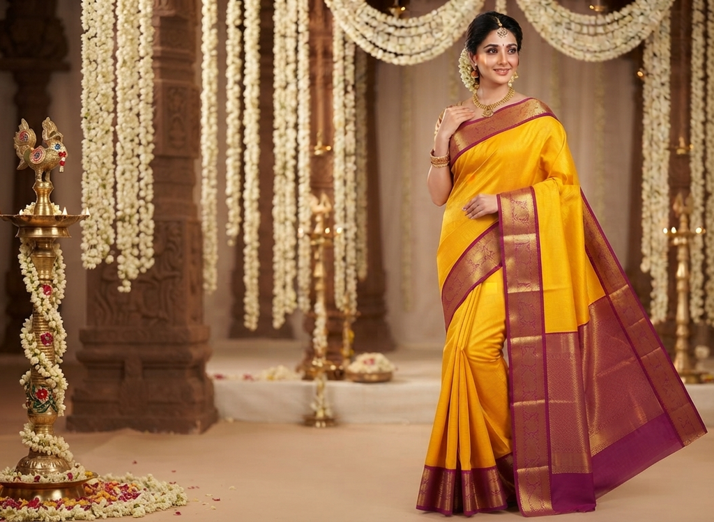 Elegant model wearing a traditional golden yellow Kanchipuram handloom 2G gold pattu silk saree with a rich magenta and zari woven border in a festive setting.