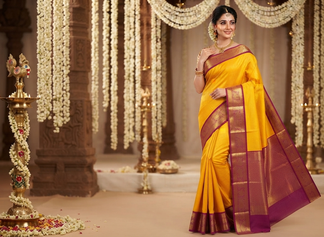 Elegant model wearing a traditional golden yellow Kanchipuram handloom 2G gold pattu silk saree with a rich magenta and zari woven border in a festive setting.