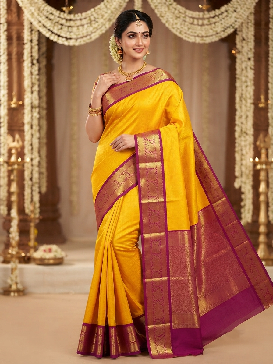 Elegant model wearing a traditional golden yellow Kanchipuram handloom 2G gold pattu silk saree with a rich magenta and zari woven border in a festive setting.