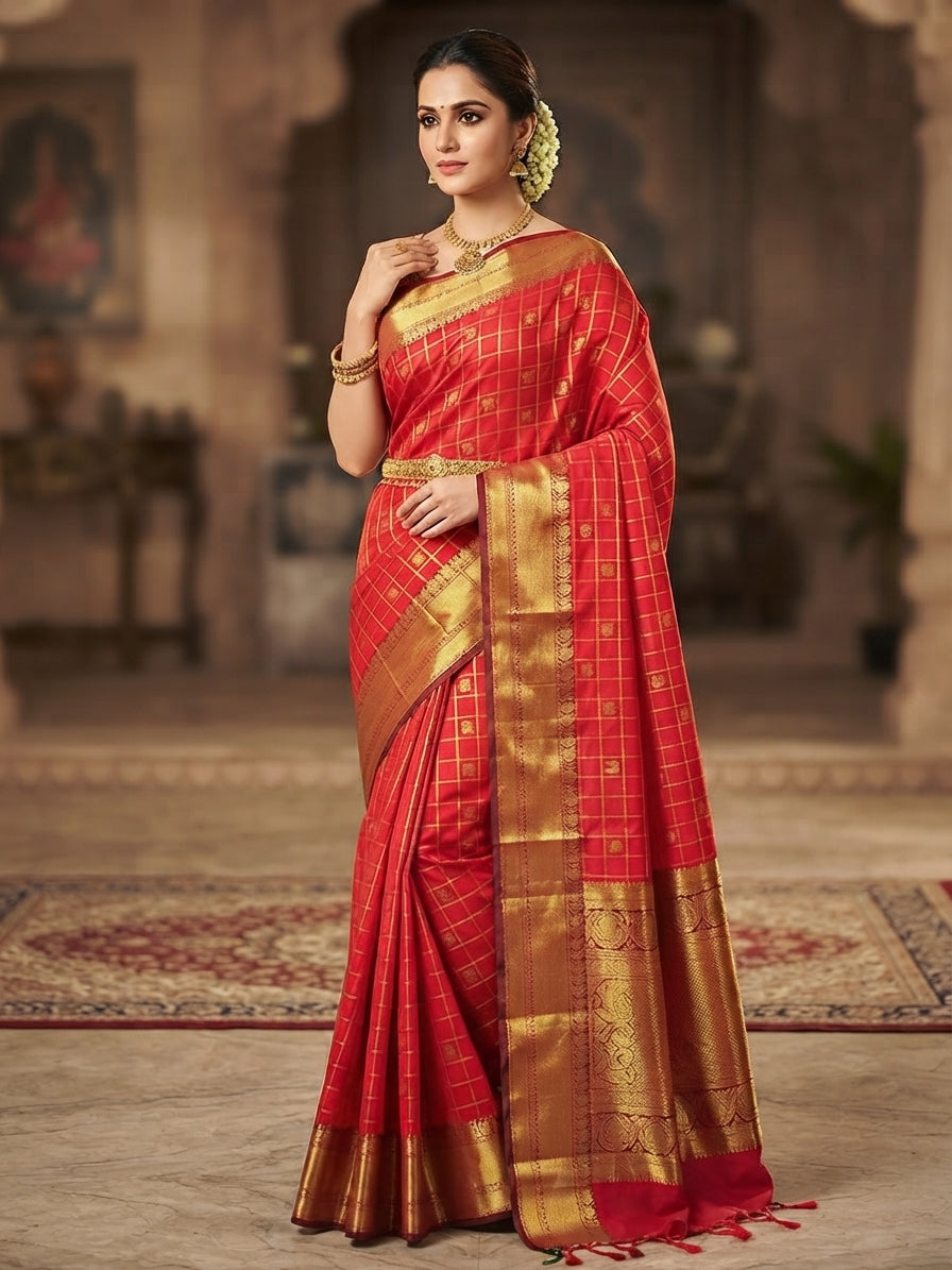 Model wearing a rustic red Kanchipuram handloom silk saree featuring 3G pure gold zari checks, traditional buttas, and a rich woven border.