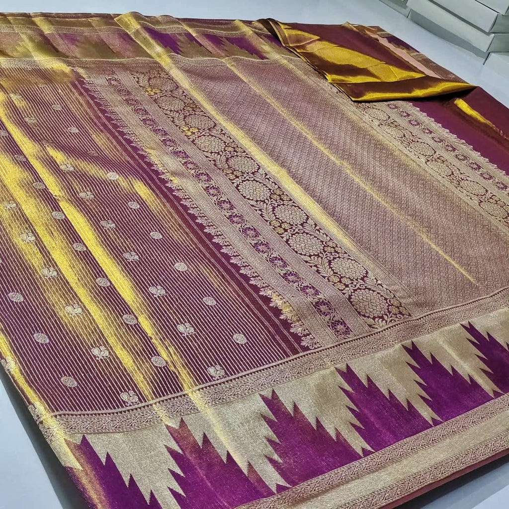 Magenta Kanchipuram Handloom Tissue Brocade Silk Meenakari Saree