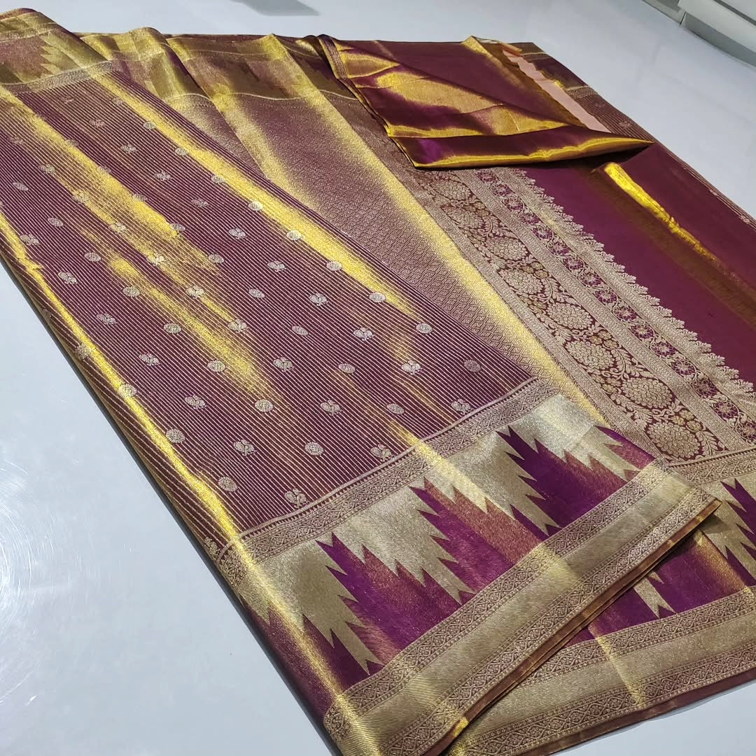 Magenta Kanchipuram Handloom Tissue Brocade Silk Meenakari Saree