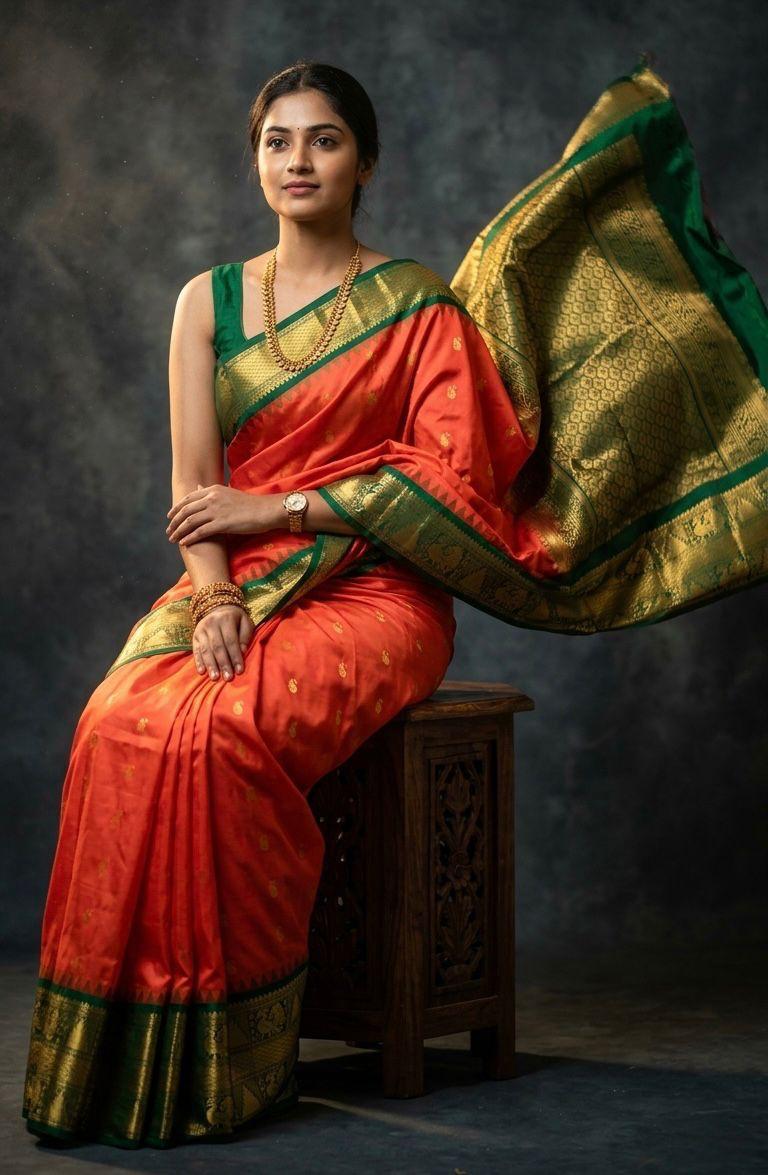 A luxurious Kanchipuram semi pattu silk bridal saree showcasing a rich textured body and a wide, bold contrast zari border with traditional temple motifs.