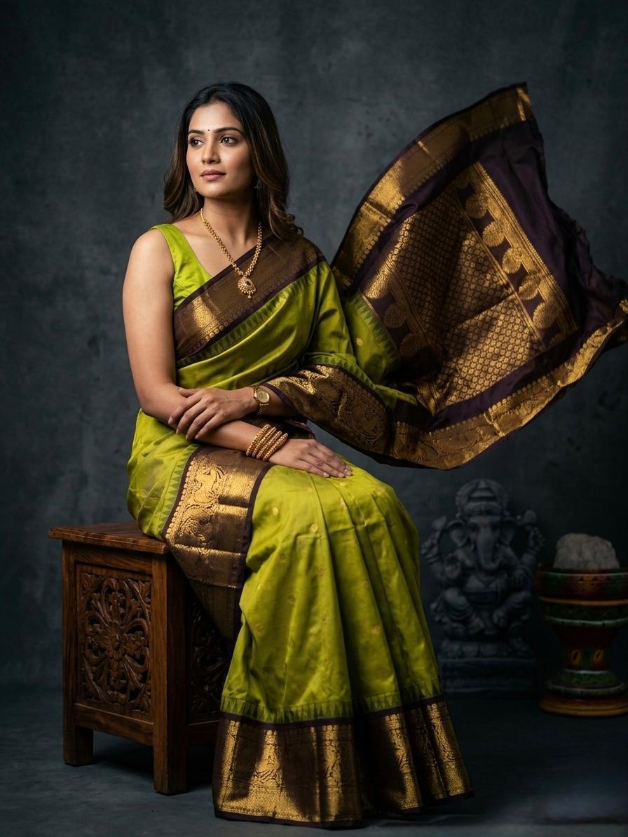A luxurious Kanchipuram semi pattu silk bridal saree showcasing a rich textured body and a wide, bold contrast zari border with traditional temple motifs.
