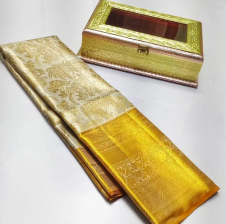 Ivory & Gold Kanchipuram Handloom Tissue Brocade Bridal Silk Saree