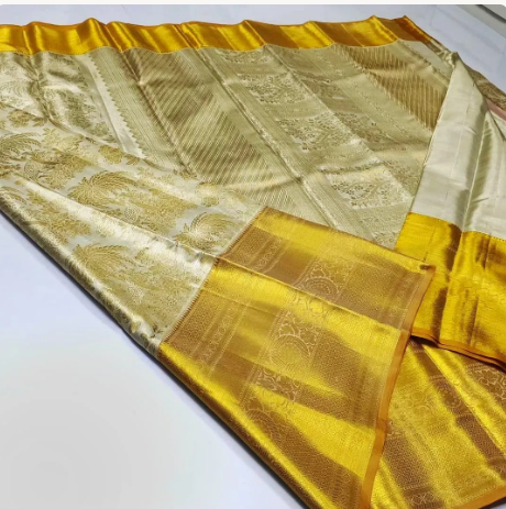 Ivory & Gold Kanchipuram Handloom Tissue Brocade Bridal Silk Saree