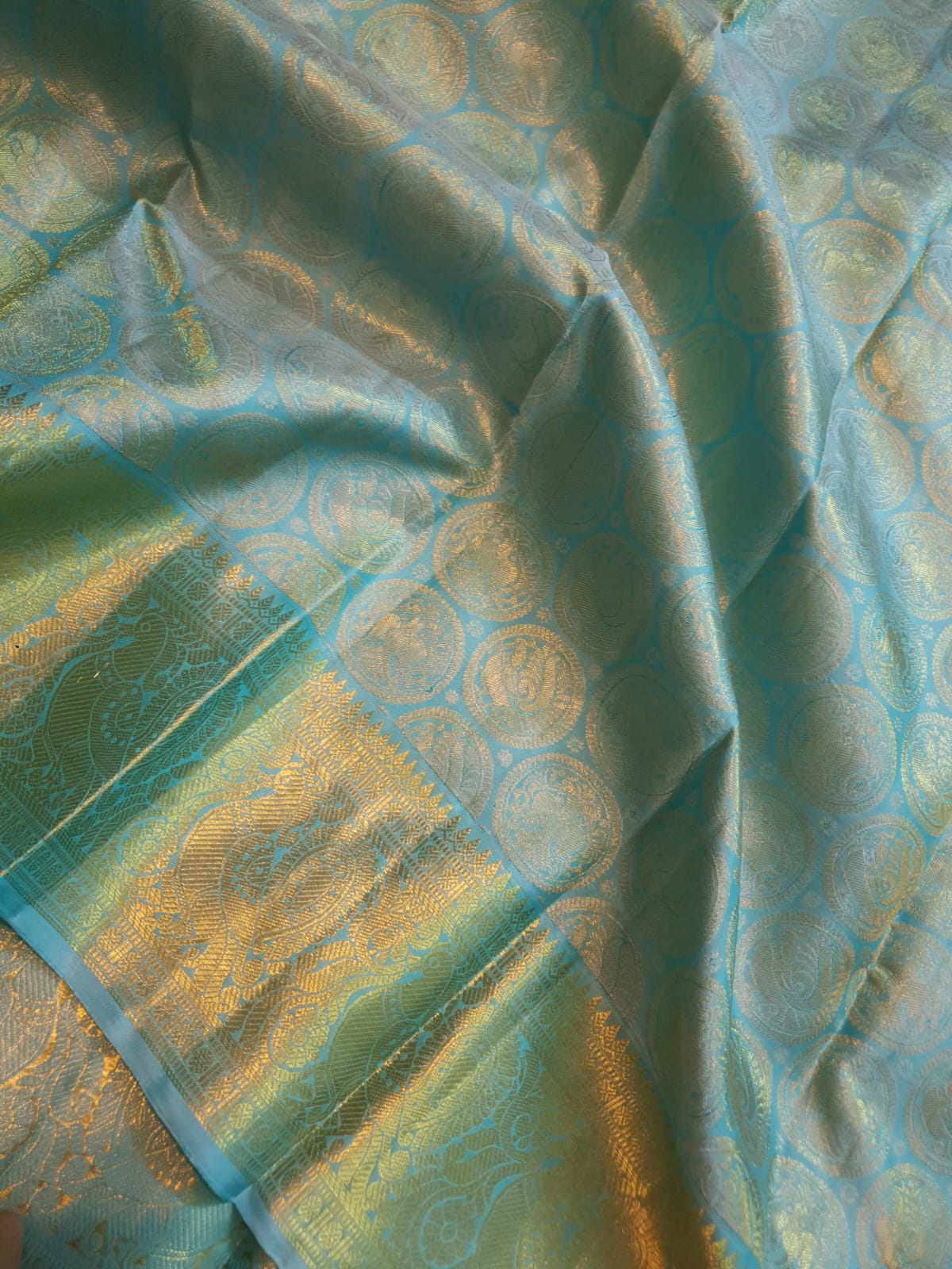 Turquoise Kanchipuram Handloom 2G Gold Pattu Silk Saree Silk Mark Certified