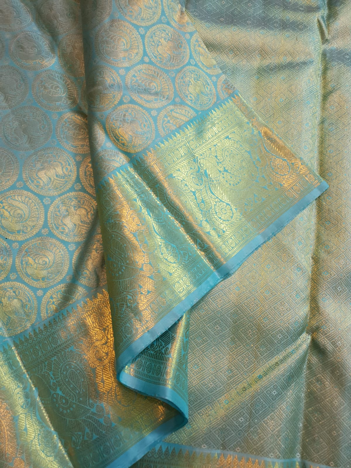 Turquoise Kanchipuram Handloom 2G Gold Pattu Silk Saree Silk Mark Certified