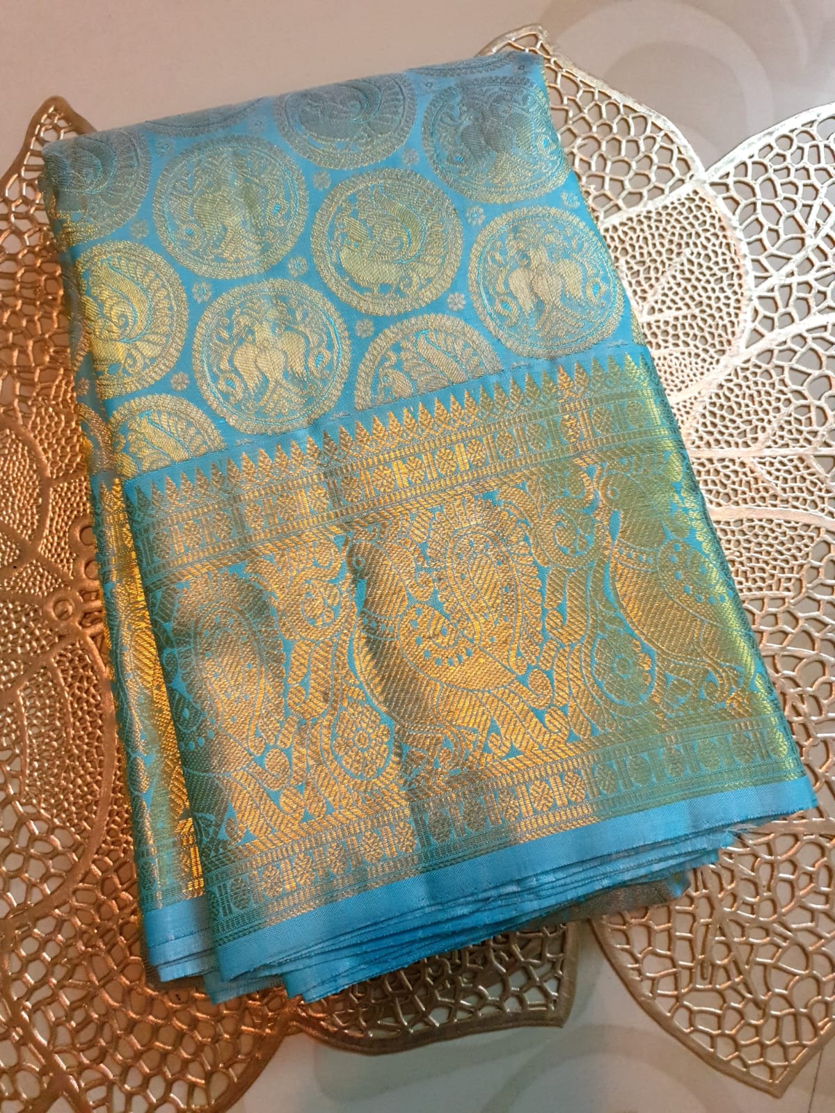 Turquoise Kanchipuram Handloom 2G Gold Pattu Silk Saree Silk Mark Certified