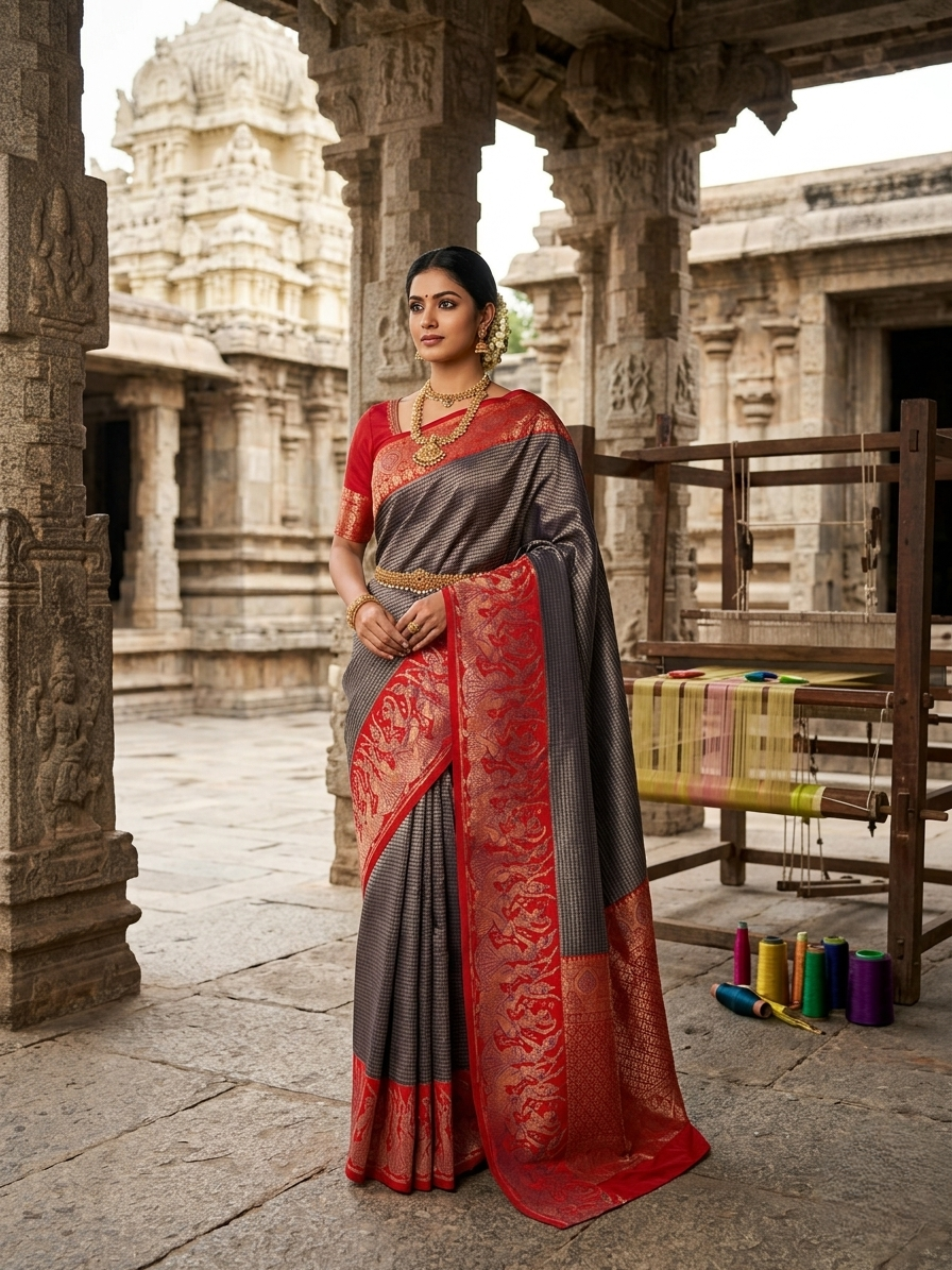 Navy blue Kanchipuram handloom silk saree featuring intricate Thanjavur Meenakari patterns, a bold red contrast border, and a matching red pallu.