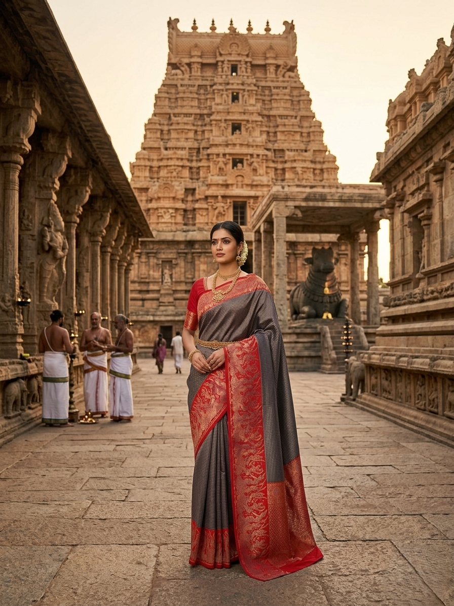 Navy blue Kanchipuram handloom silk saree featuring intricate Thanjavur Meenakari patterns, a bold red contrast border, and a matching red pallu.