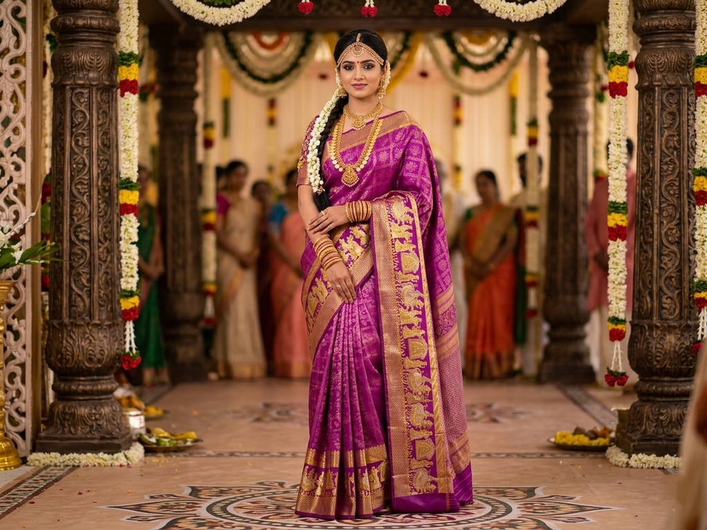 A luxurious purple Kanchipuram handloom tissue silk saree with an ornate gold zari border showcasing detailed Kalyana Pallakku (bridal palanquin) meenakari motifs.