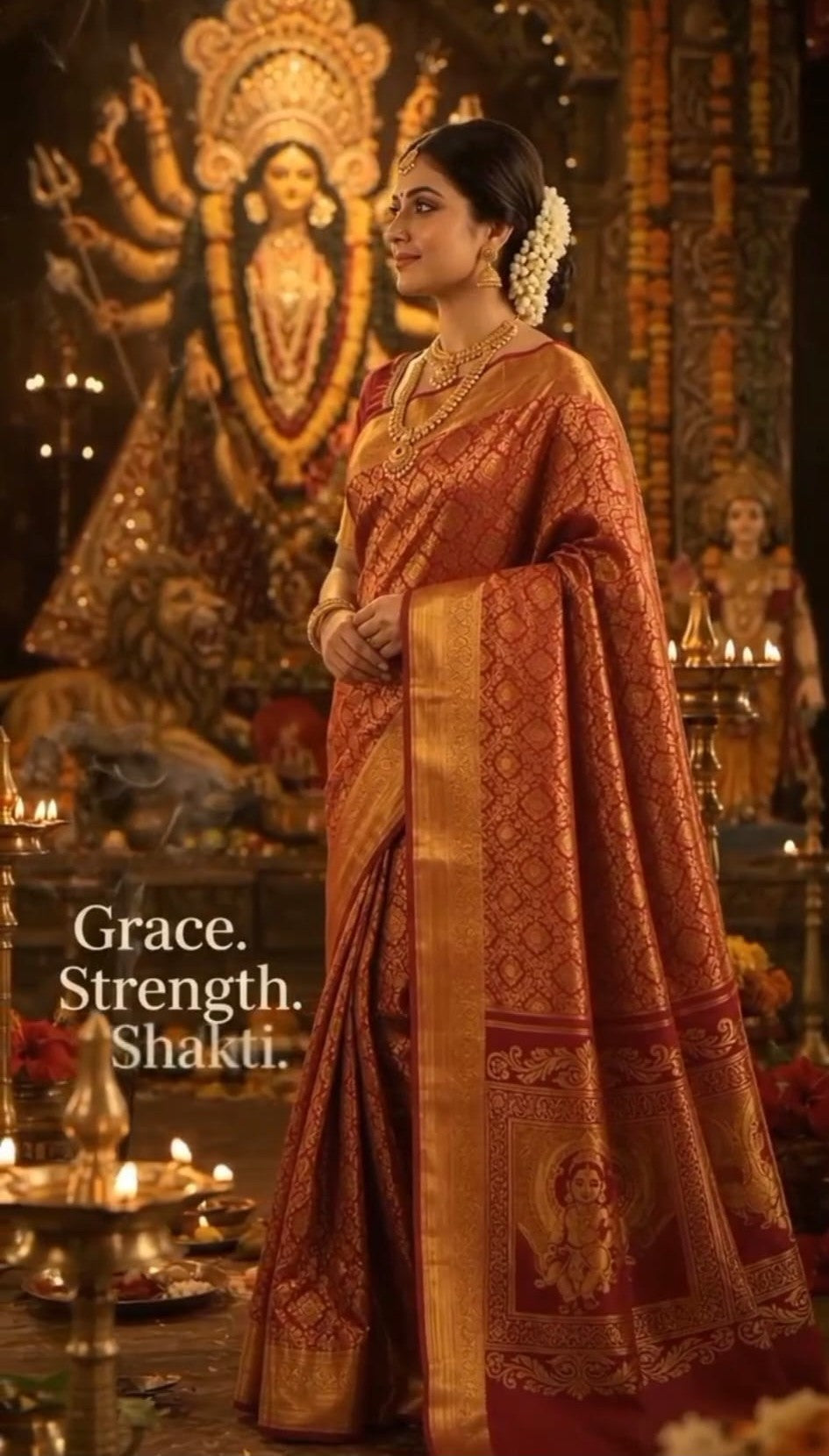 Red Kanchipuram handloom 2G gold pattu silk saree featuring intricate gold brocade weaving and a detailed Lord Murugan pallu.