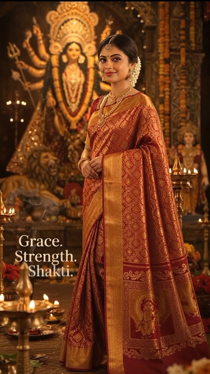Red Kanchipuram handloom 2G gold pattu silk saree featuring intricate gold brocade weaving and a detailed Lord Murugan pallu.