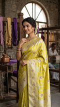 Lime Yellow Banarasi Handloom Katan Silk Saree with a detailed checkered body and purple Meenakari floral motifs