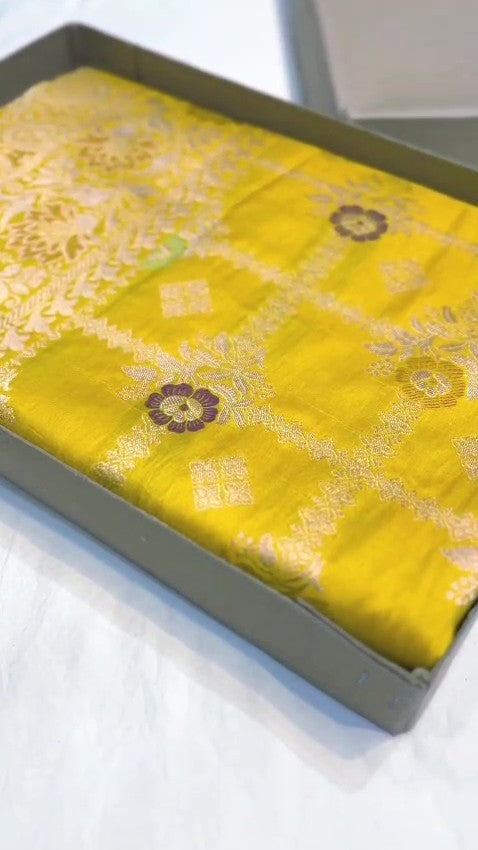 Lime Yellow Banarasi Handloom Katan Silk Saree with a detailed checkered body and purple Meenakari floral motifs