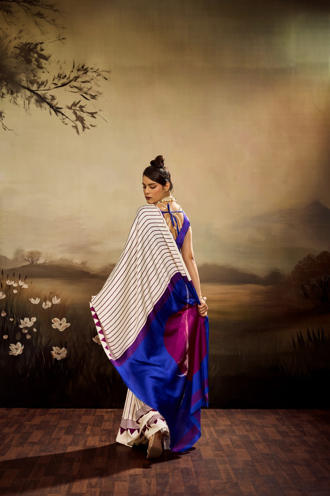 Off White Monochrome Striped Modal Silk Saree