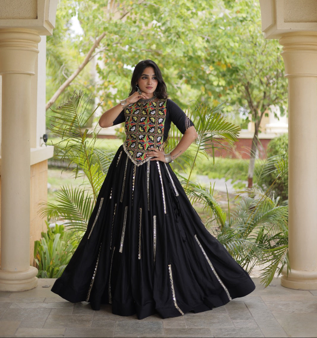 Black Rayon Navratri Lehenga Choli With Mirror and Gota Work