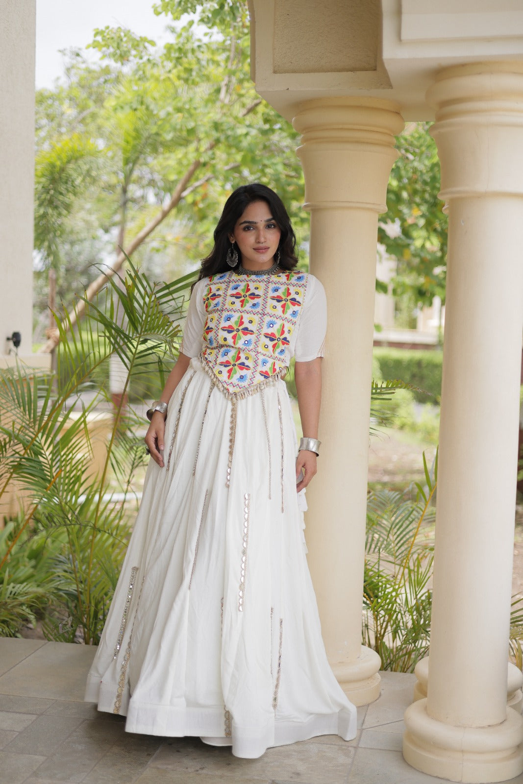 White Rayon Navratri Lehenga Choli With Mirror and Gota Work