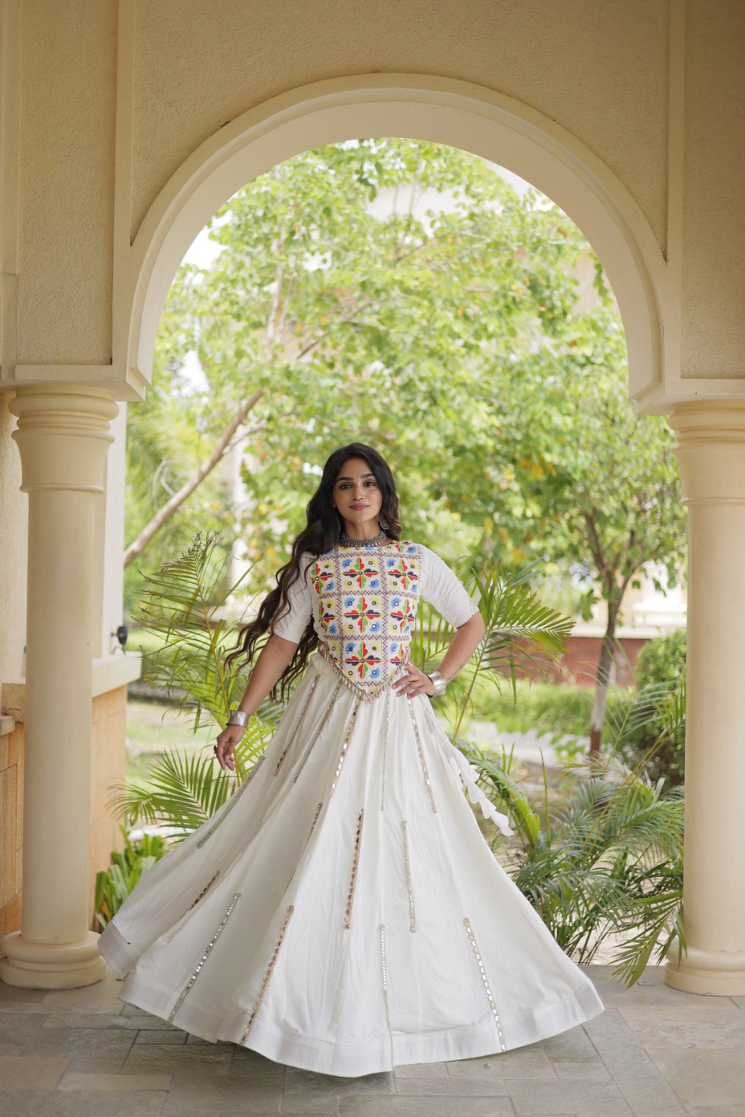White Rayon Navratri Lehenga Choli With Mirror and Gota Work