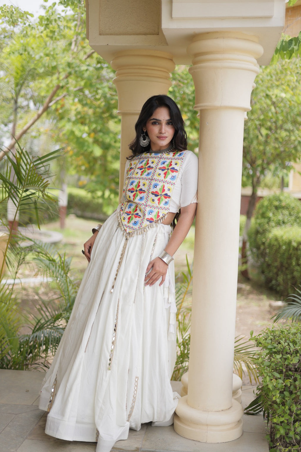 White Rayon Navratri Lehenga Choli With Mirror and Gota Work