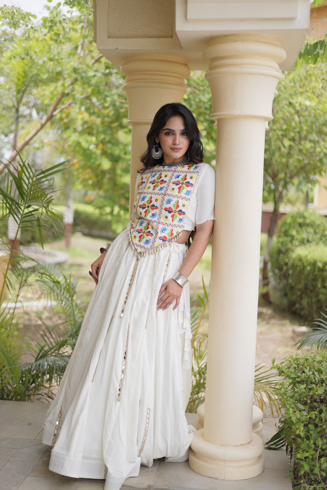 White Rayon Navratri Lehenga Choli With Mirror and Gota Work