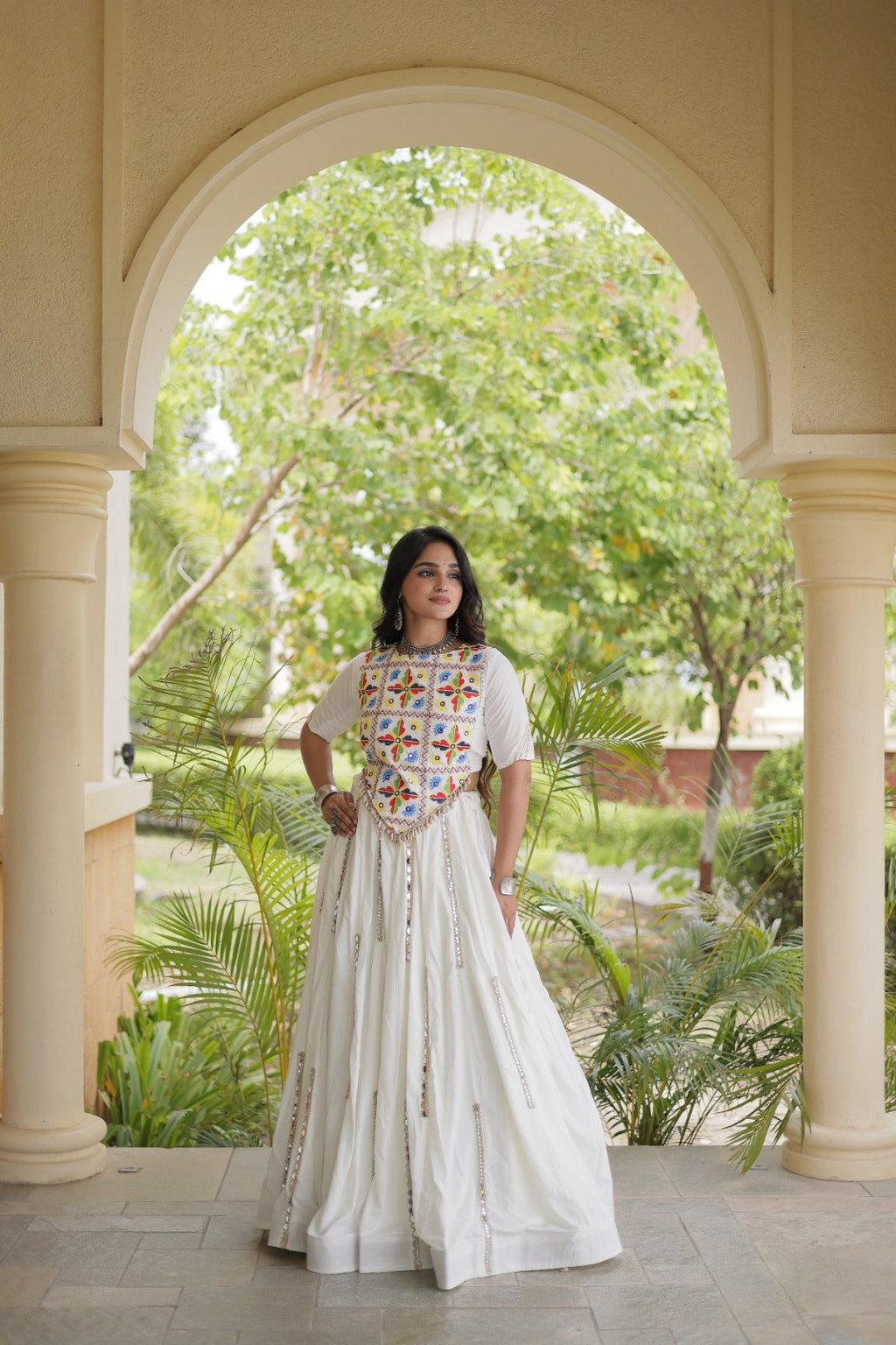 White Rayon Navratri Lehenga Choli With Mirror and Gota Work