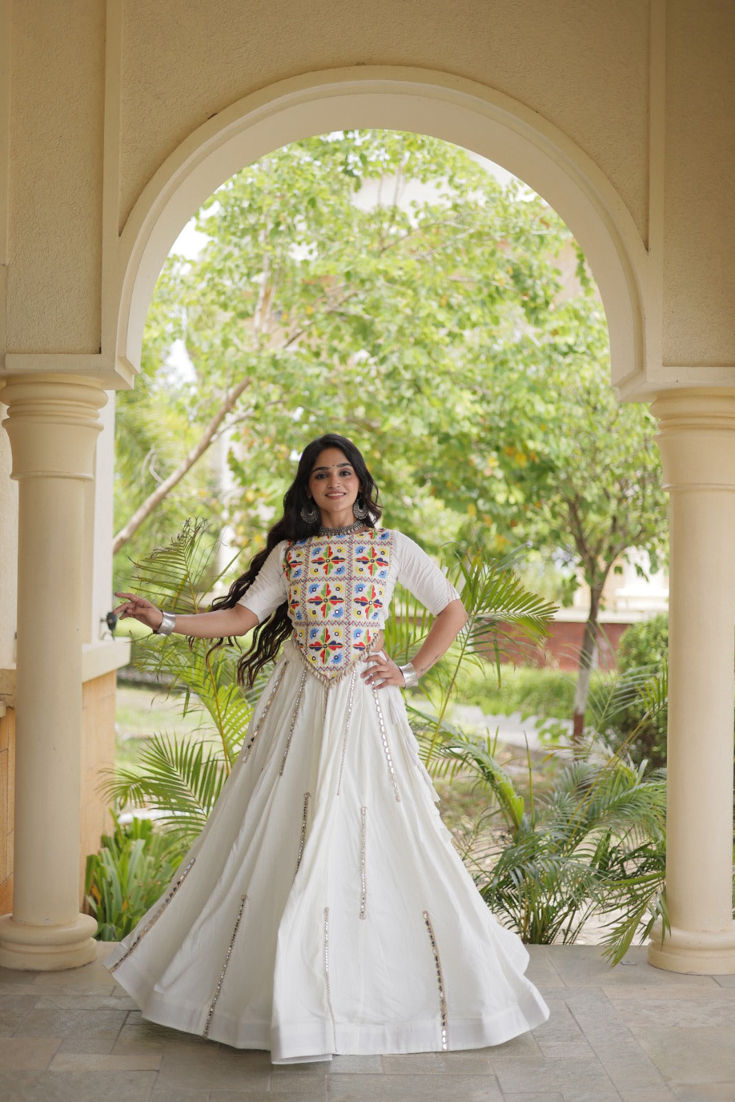 White Rayon Navratri Lehenga Choli With Mirror and Gota Work