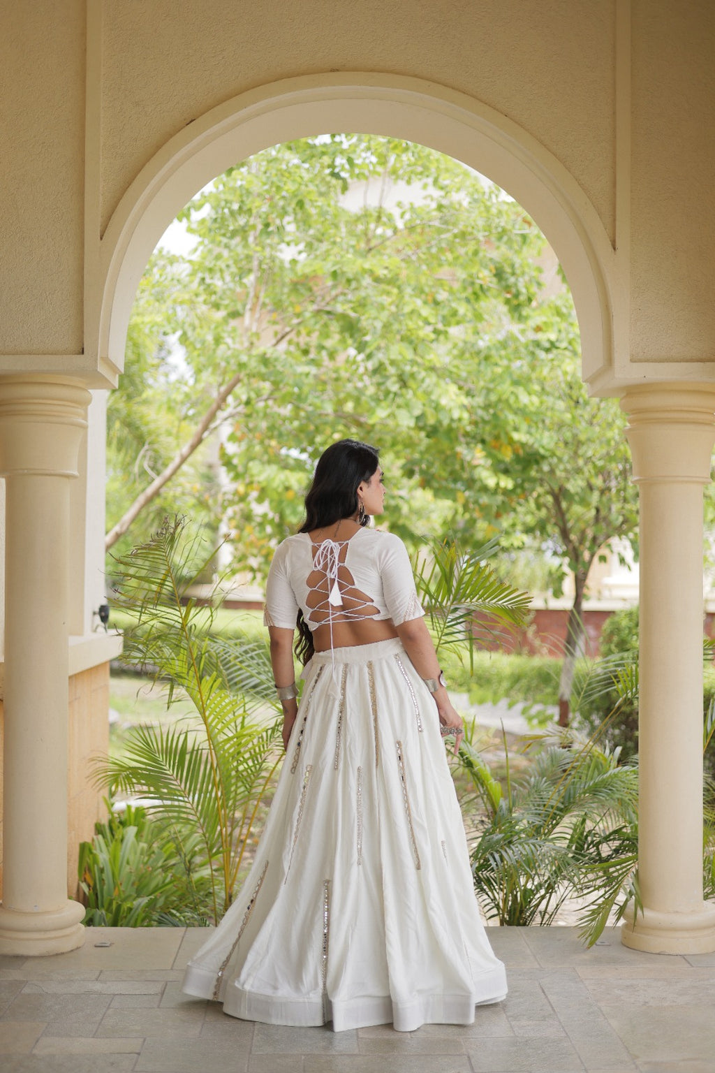 White Rayon Navratri Lehenga Choli With Mirror and Gota Work