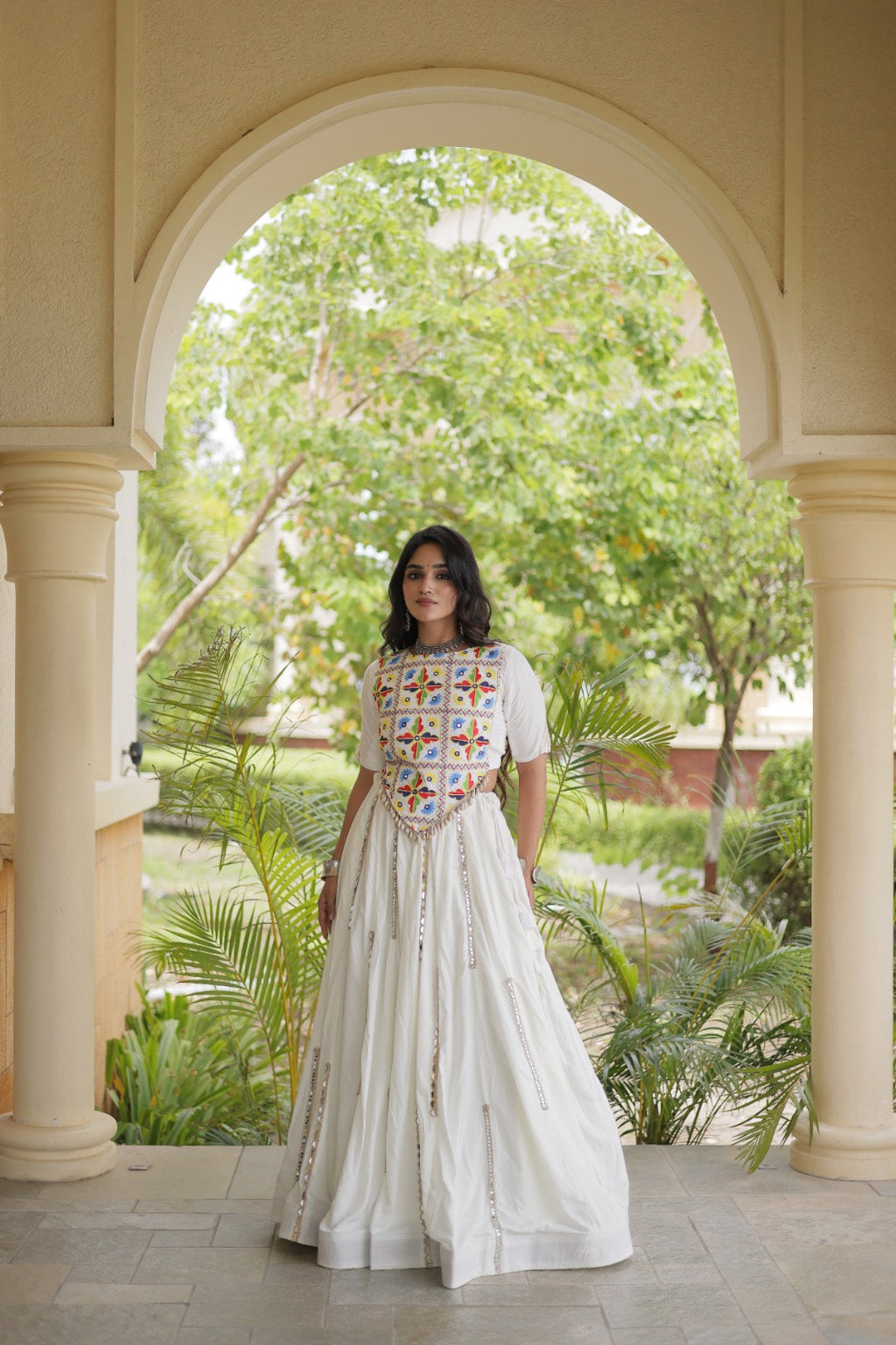 White Rayon Navratri Lehenga Choli With Mirror and Gota Work