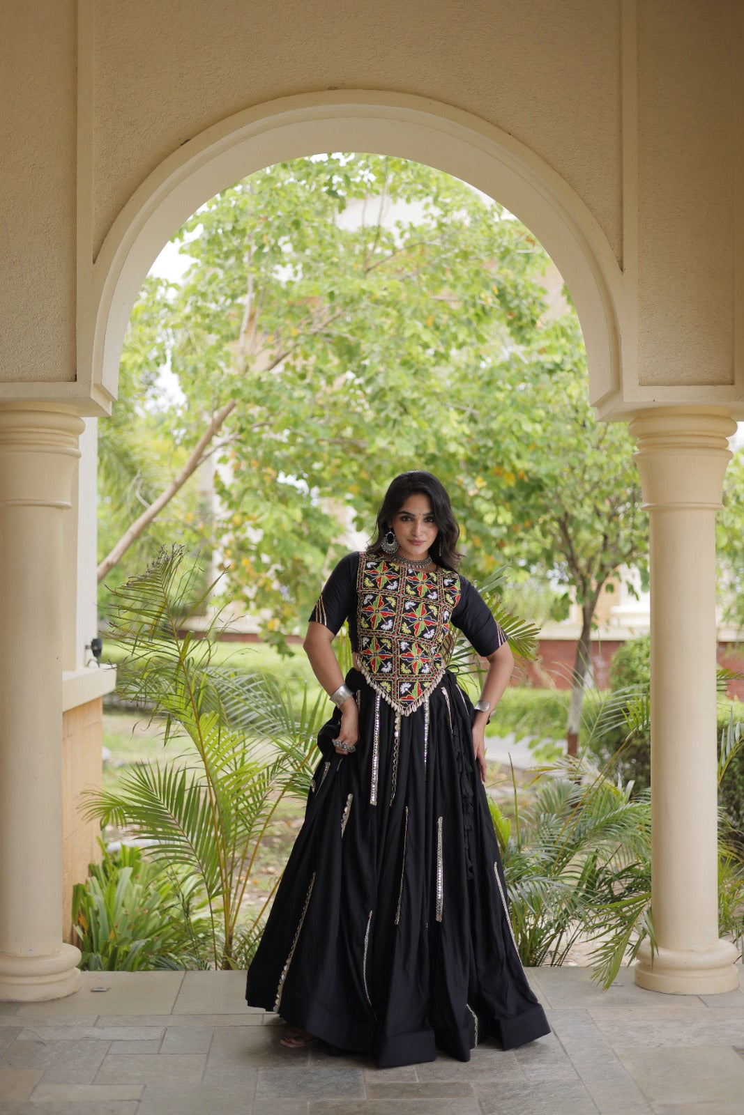 Black Rayon Navratri Lehenga Choli With Mirror and Gota Work