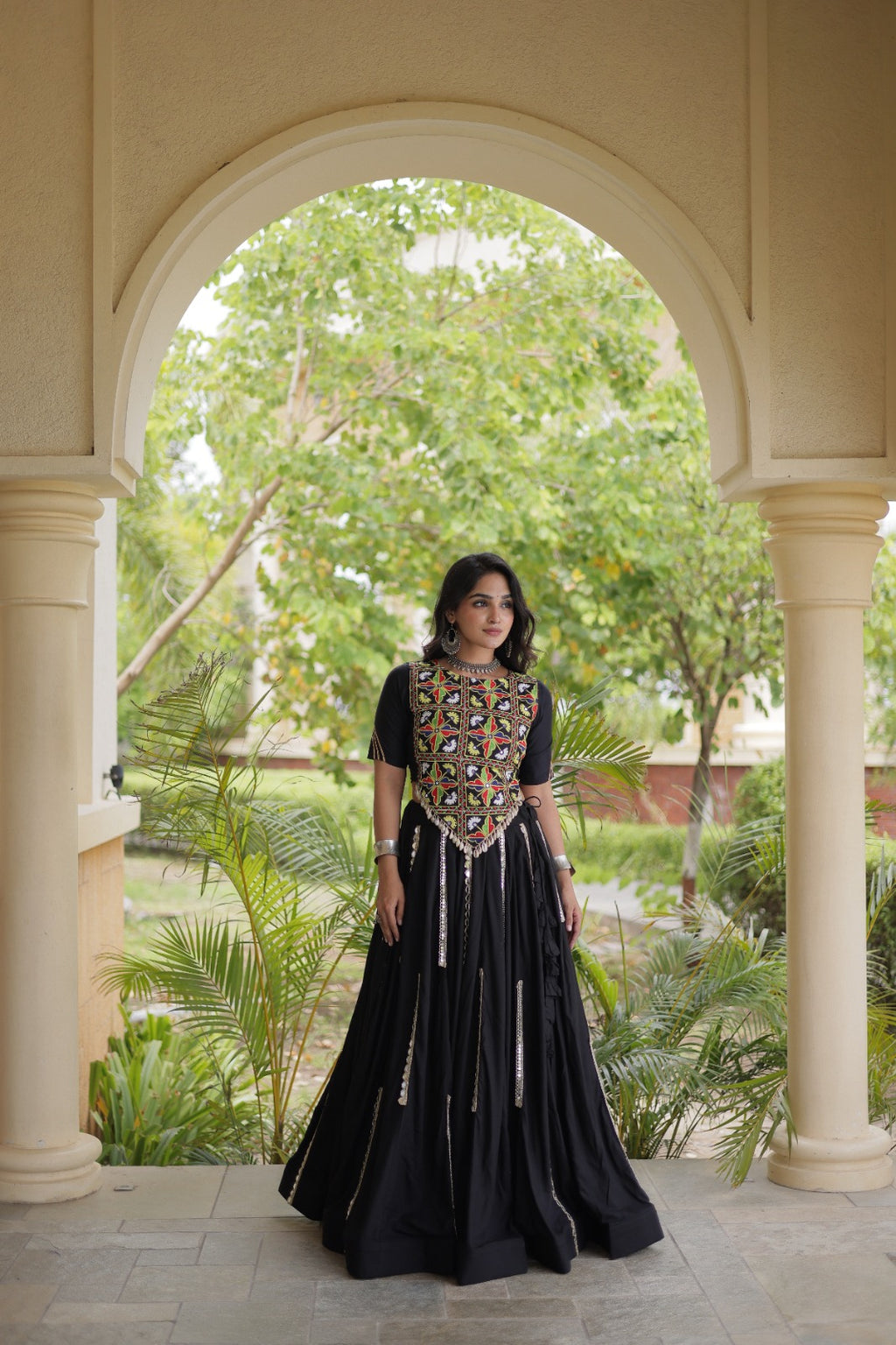 Black Rayon Navratri Lehenga Choli With Mirror and Gota Work