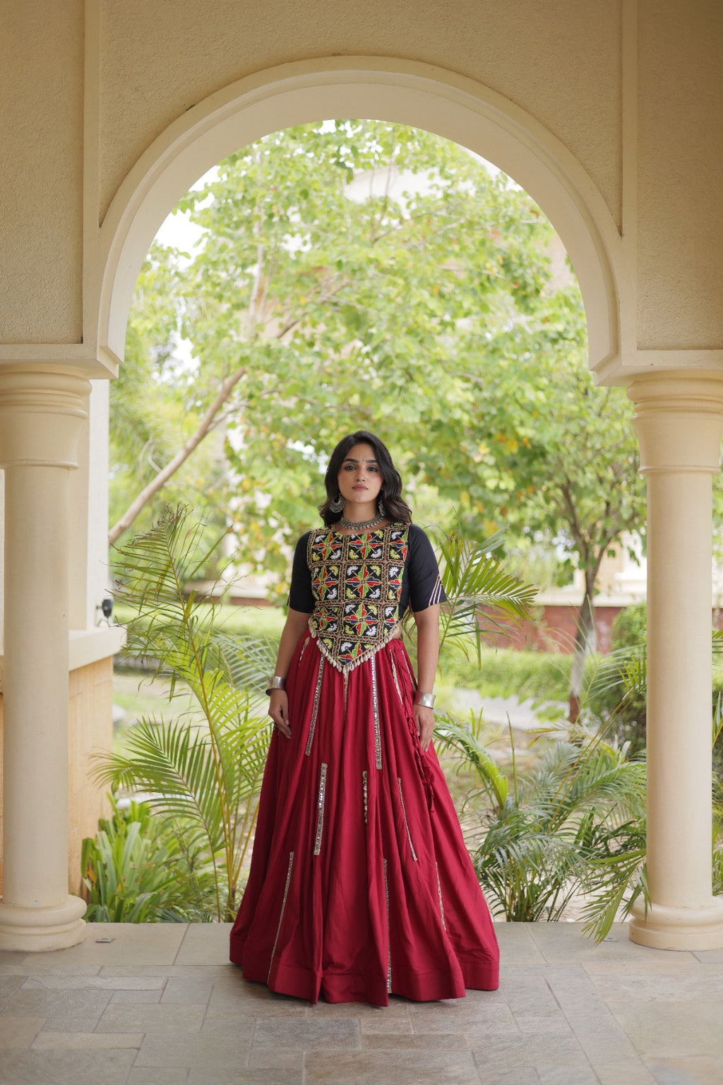 Maroon Rayon Navratri Lehenga Choli With Mirror and Gota Work