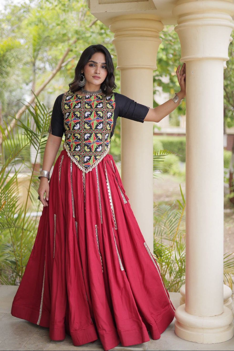 Maroon Rayon Navratri Lehenga Choli With Mirror and Gota Work