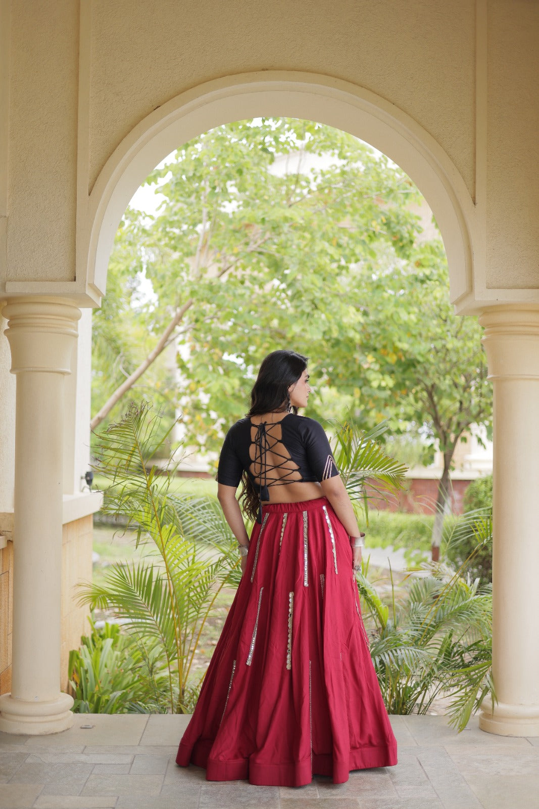 Maroon Rayon Navratri Lehenga Choli With Mirror and Gota Work
