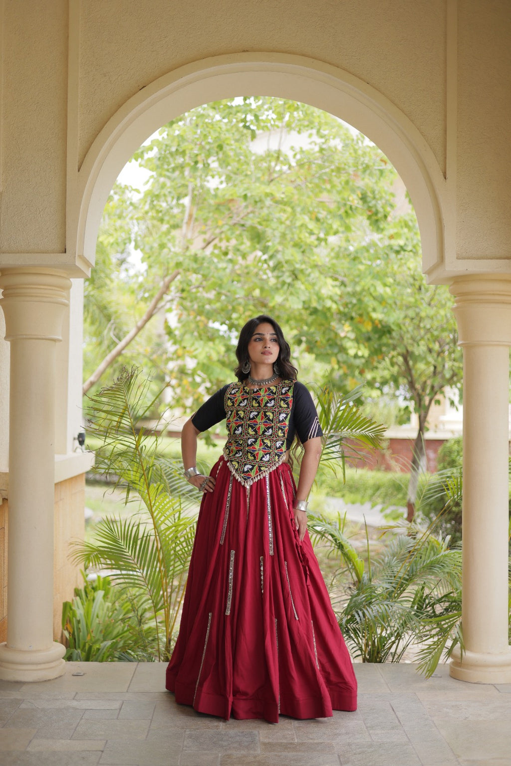 Maroon Rayon Navratri Lehenga Choli With Mirror and Gota Work