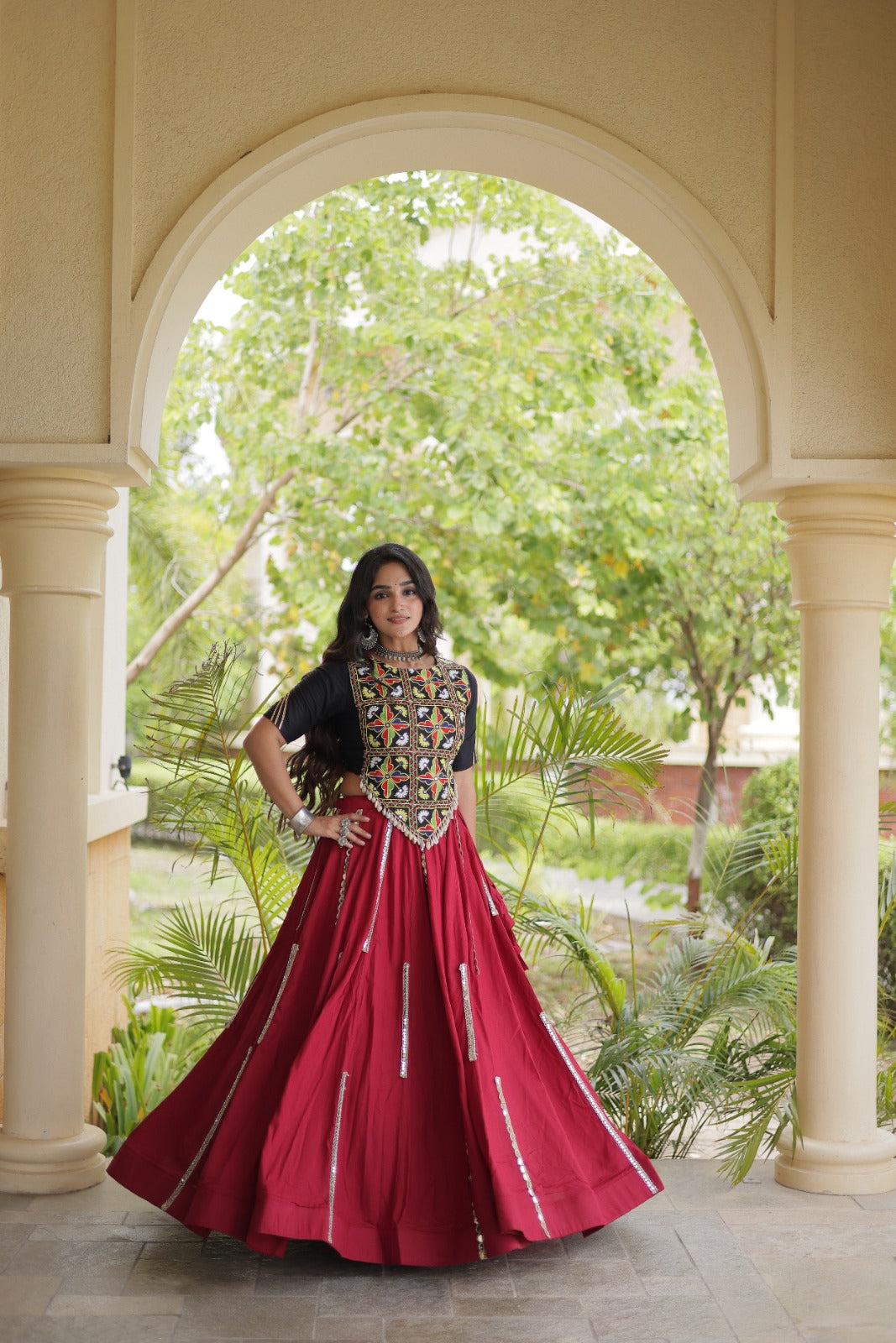 Maroon Rayon Navratri Lehenga Choli With Mirror and Gota Work