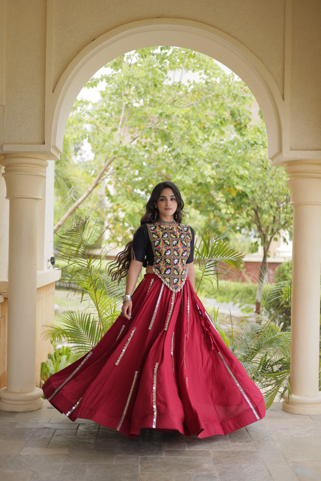 Maroon Rayon Navratri Lehenga Choli With Mirror and Gota Work