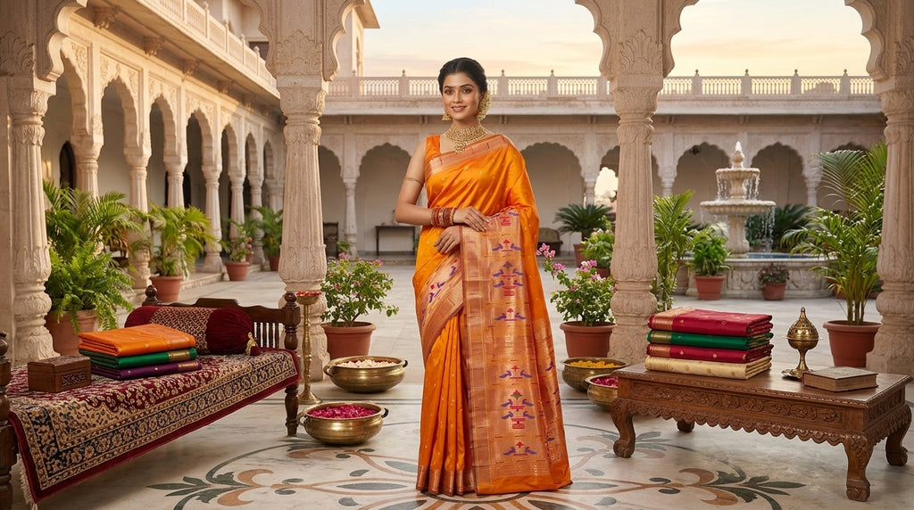 Orange Paithani Handloom Pure Silk Saree with subtle self-woven buttas on the body and a rich tissue zari pallu featuring rows of traditional peacock motifs.