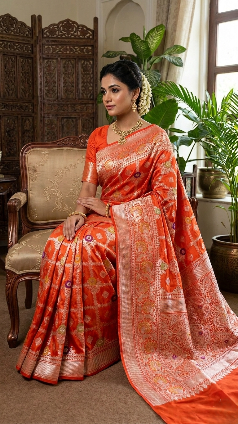 A vibrant orange handloom Banarasi Katan silk saree with an intricate all-over grid pattern and multicolored Meenakari floral motifs, featuring a heavy gold zari border and pallu.