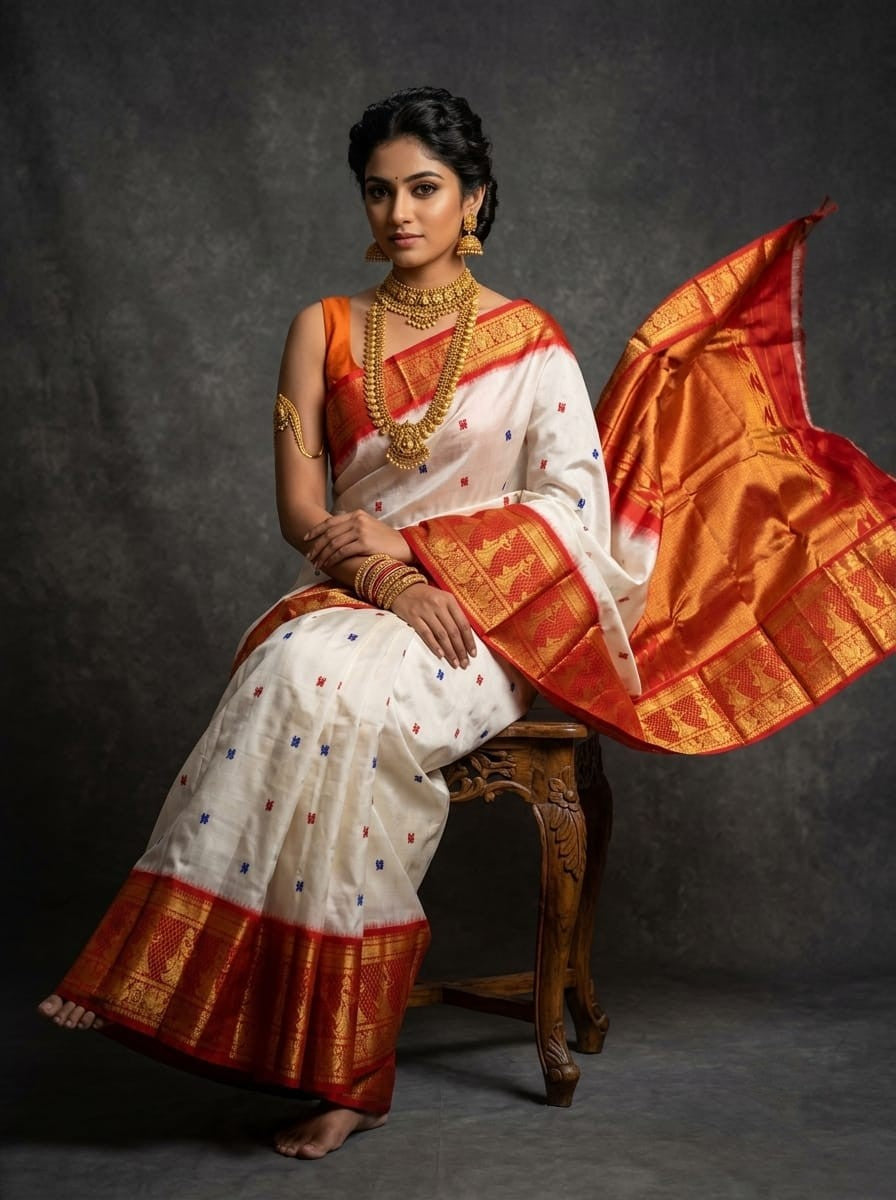 White and red Pochampally handloom ikat silk saree with Silk Mark certification, featuring all-over buttas and a rich zari border.
