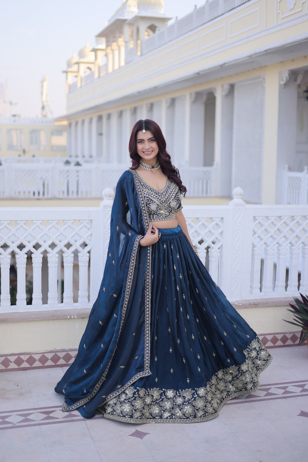 Rama Blue Silk Lehenga Choli With Pipe Beads & Zari Embroidered Work
