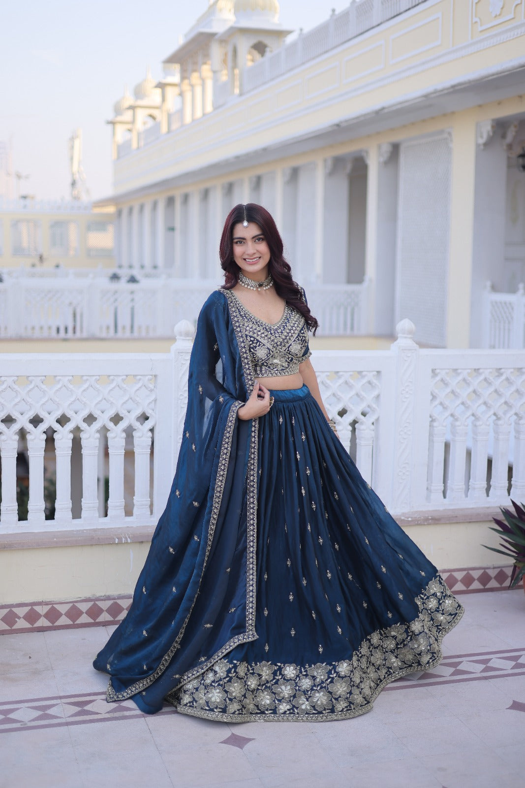 Rama Blue Silk Lehenga Choli With Pipe Beads & Zari Embroidered Work