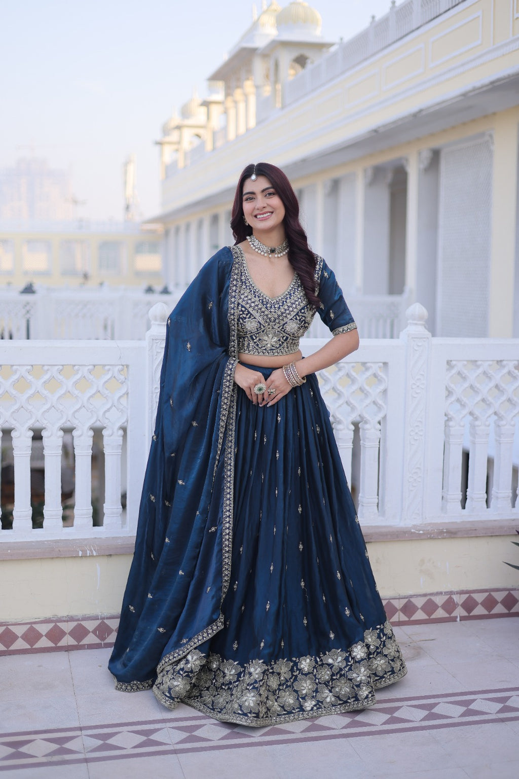 Rama Blue Silk Lehenga Choli With Pipe Beads & Zari Embroidered Work