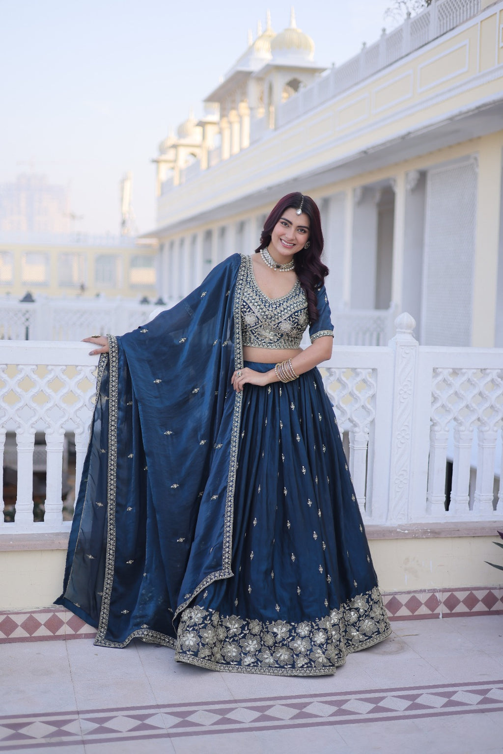 Rama Blue Silk Lehenga Choli With Pipe Beads & Zari Embroidered Work
