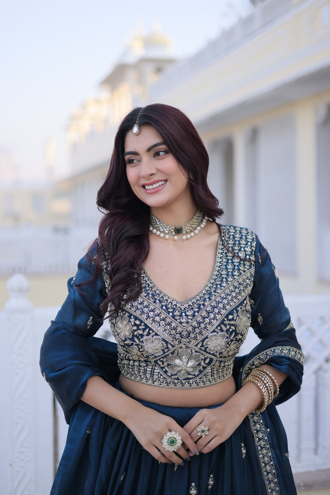 Rama Blue Silk Lehenga Choli With Pipe Beads & Zari Embroidered Work