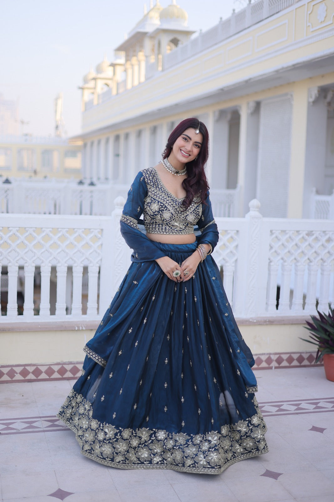 Rama Blue Silk Lehenga Choli With Pipe Beads & Zari Embroidered Work