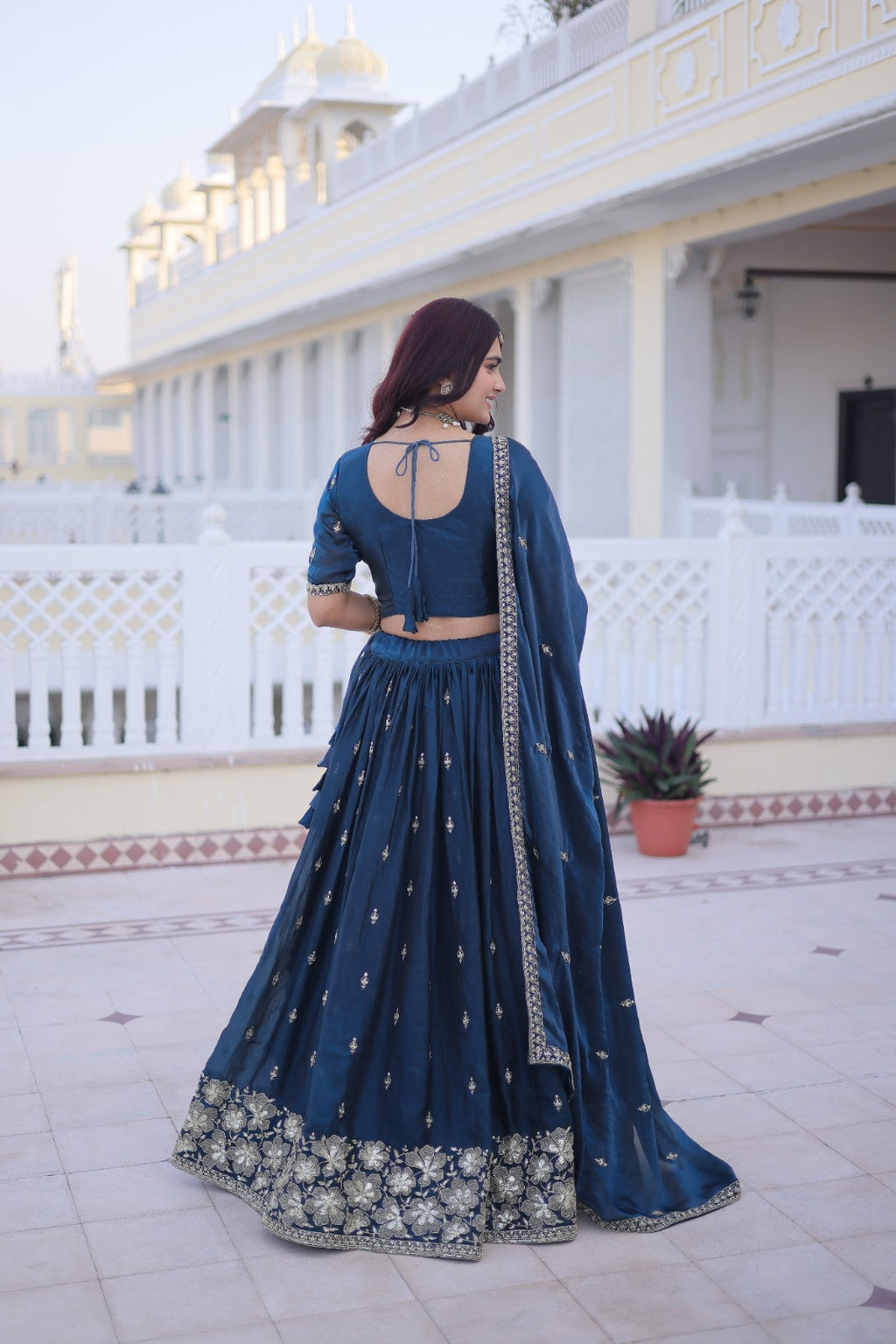 Rama Blue Silk Lehenga Choli With Pipe Beads & Zari Embroidered Work