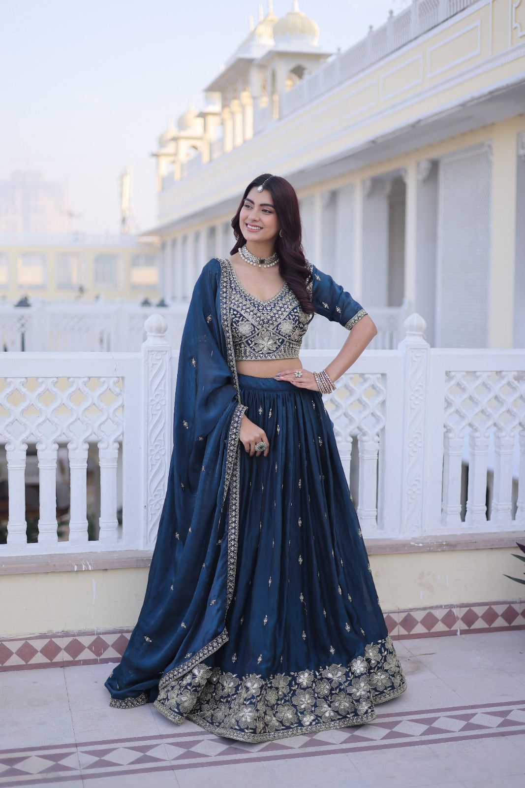 Rama Blue Silk Lehenga Choli With Pipe Beads & Zari Embroidered Work