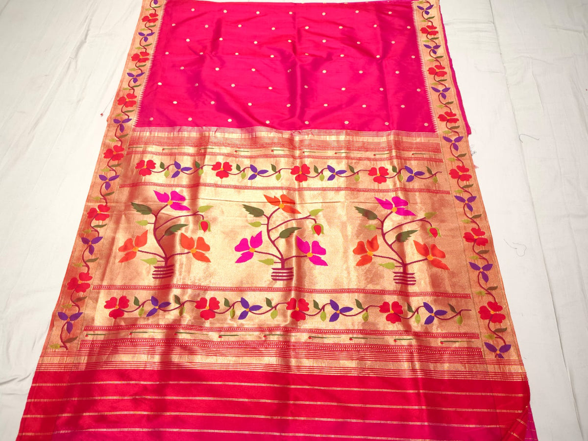 Hot Pink Paithani Handloom Pure Silk Saree with delicate self-woven buttas on the body and a tissue zari pallu featuring flowering pot motifs and Meenakari floral creepers.